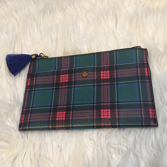 J. Crew Handbags - J Crew Plaid Leather pouch with royal tassel